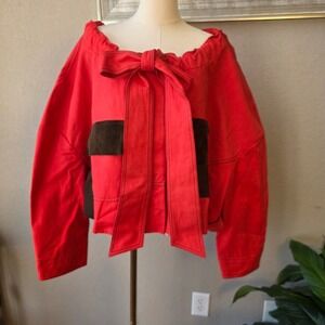 $2300 Meryll Rogge Red Off Shoulder Cropped Pocket Utility Jacket  38 US 6 NWOT